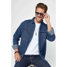 Tudors Relax Fit Uzun Kollu Rahat Kesim Çift Cepli Metal Düğmeli Denim Erkek Gömlek-31321-lacivert Lacivert