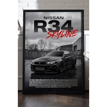 Nissan R34 Skyline Siyah Ahşap Çerçeveli Poster, Dekoratif Araba Duvar Tablosu
