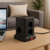 Kule Tipi Çoklu Priz - 3 Usb-a + 1 Type-c Çıkışlı, Akım Korumalı, Tek Tuş Kontrollü Masaüstü Priz Siyah