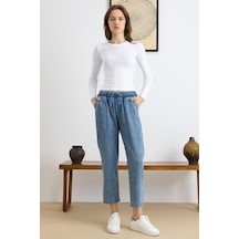 Olcay Bağcık Detaylı Beli Lastikli Soft Denim Pantolon Mavi 7586