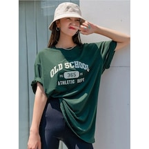 Flood Of Style Kadın Yeşil School Baskılı Bisiklet Yaka Tshirt