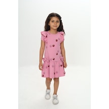 Toontoy Kız Çocuk Baskılı Relax Fit Bisiklet Yaka Kısa Kollu Elbise - Fırfır & Fiyonk Detaylı Gülkurusu