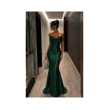Lior Design Kadın Tasarım Saten Kumaş Kalp Yaka Askılı Abiye Elbise Zümrüt