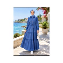 Hb Harma Time Butik Kadın Düğmeli Cepli Bağcıklı Tensel Kumaş Koyu Mavi Kot Elbise Koyu Mavi Koyu Mavi