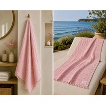 Ege Esintisi Yaprak Jakarlı Plaj & Banyo Havlusu - Gül Esintisi %100 Pamuk Pembe