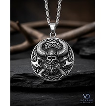Paslanmaz Çelik Rün Sembollü Çift Taraflı Savaşçı Viking Kolye Antik Gümüş