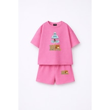 Fasardi Super Bear Adventure Süper Ayı Baskılı Oversize %100 Pamuk Kısa Kollu Unisex Çocuk T-shirt Pembe