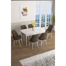 Canisa Han Serisi 70x114 Açılabilir Mdf Mutfak Masası Takımı Beyaz Mermer Desen Masa 6 Kahverengi Sandalye Masa Beyaz Mermer Desen Sandalye Kahve