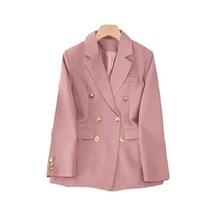 Kadın Blazer Ol Tarzı İşe Gidip Gevşek Düz Renk Kruvaze Uzun Kollu Yaka Çentik Yaka Cepler Resmi İş Ceket Pembe