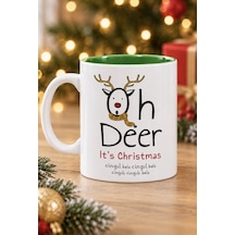 Mesela Yılbaşı Kupası Oh Deer Desenli Yeşil İçli Hediyelik Kahve Kupa Bardak Beyaz