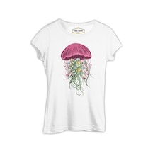 A Jellyfish With Floral Plant Tentacles Beyaz Kadın Tshirt 001