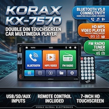 Korax Kx-7570 Double Din Dokunmatik Ekran Araç Multimedya Teyp - Bluetooth, Mp5, Fm Radyo