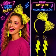 Neon Sarı Dantel Taç Ve Şimşek Küpe 80'ler 90'lar Parti Seti Diğer