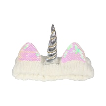 Unicorn Peluş Bandana Makyaj Saç Bandı Beyaz Gümüşi Boynuzlu Gümüş