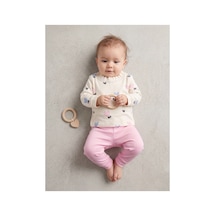 Deniva Kids Kız Bebek Dantel Yaka Kalp Desenli Uzun Kollu Sweatshirt Ve Paçası Ribanalı Tayt/pantolon 2'li Alt Üst Takım Pembe