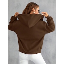 Unisex Düz Fermuarlı Kapüşonlu Hırka Sweatshirt Kahverengi