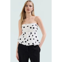 Ersefa Kolsuz Terrycotton Bluz Puantiyeli Desen Fitted Kalıp Yazlık Konf Beyaz