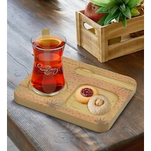 Kişiye Özel Doğal Ahşap Kaşıklı Sunum Tabağı Ve Heybeli Çay Bardağı Hediye Seti - Model 2