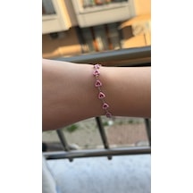Kadın Gümüş Renk Pembe Kalpli Şık Tasarım Bileklik 18 Cm Gümüş