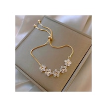 Flower Zirkon Taşlı Asansörlü Ayarlanabilir Şık Altın Renkli Gold Bileklik