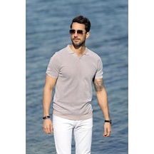 Ferraro A.Bej/Beyaz Kuşgözü Desenli Polo Yaka Erkek Triko T-Shirt-Bej