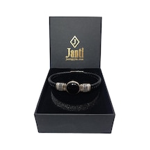 Jtaw25blk1611 Hakiki Deri Zirkon Taşlı Alaşımlı Metal Onyx Doğaltaşlı Mıknatıs Kapama Siyah Garantili Hediye Kutulu Janti Bileklik Siyah