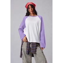 Cool Tarz Kadın Oversize Kontrast Kollu Raglan Bisiklet Yaka Düşük Omuzlu T-shirt Beyaz-mor Beyaz-mor