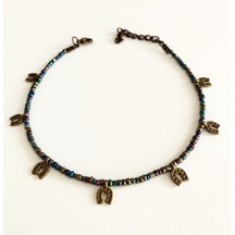 Başka Sanatlar H169 Nal Sembollü Boncuklu Halhal Lacivert - Antik Sarı