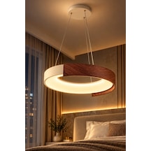 Premıum Modern Ahşap Görünümlü Halka Led Sarkıt Avize 3 Renk Dekoratif Aydınlatma 56w 50 Cm Beyaz