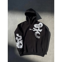 Uzun Kol Kapüşonlu Baskılı Sweatshirt - Siyah - Siyah