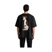 Paybuy Erkek Oversize Tişört Komik Köpek Baskısı Çizgi Sanatı Stil Grafi Siyah