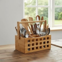 4 Bölmeli Saplı Doğal Bambu Çatal Bıçak Sepeti - Çok Amaçlı Masaüstü Organizer Mutfak Düzenleyici Ve Kalemlik Standı 23x15 Cm Çok Renkli