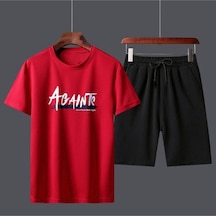 Againts T-shirt Şort - Kırmızı Siyah Alt Üst Takım Şort Tişört Kombin Baskılı Bisiklet Yaka Kırmızı Siyah