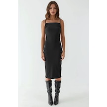 Hiccup Degaje Yaka Bodycon Midi Elbise Siyah