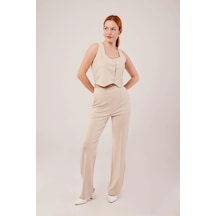 Defymoda Kalın Askılı Düğmeli Yelek Ve Pantolon Bej Takım Bej