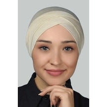 Altobeh Dört Bantlı Çapraz Dış Tesettür Bonesi Hazır Türban Penye - Krem