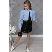 Riccotarz Kız Çocuk Üzeri Taş İşlemeli Etek Askılı Penye Bluz Ve Mavi Blazer Ceket Etekli Takım 001