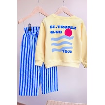 Çocuk Baskılı Sweatshirt Ve Çizgili Eşofman Takım Sarı