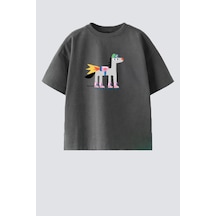 Monila Unisex Çocuk Pamuklu Bisiklet Yaka Baskılı T-shirt Füme
