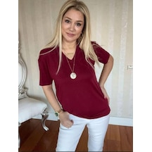 Kadın Kısa Kollu V Yaka Bluz Bordo