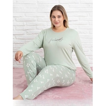 Pijamoni Kadın Milan Büyük Beden Bisiklet Yaka Uzun Kol İnce Pijama Takımı 7666/28 - 1 Adet Yeşil