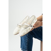 Dabab Shoes Lorena Kadın Beyaz Çiçek Nakışlı Tül Mary Jane Babet