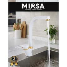 Lüx Beyaz-gold Balıksırtı Borulu Mutfak Eviye Bataryası, Musluğu, Çeşmesi Çift Su Girişli