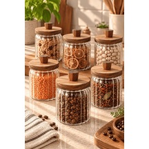 Atbyhome 6'lı Akasya Ahşap Kapaklı Çizgili Cam Kavanoz 450 Ml - Vakumlu Baharat Ve Erzak Seti Ahşap - Şeffaf