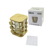 12pcs Kare Döner Standlı Cam - Bambu Kapak Tuzluk - Baharatlık Bambu Stand 5468 Çok Renkli