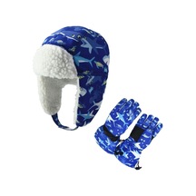 Su Geçirmez Erkek Çocuk Kar Bere Eldiven Set 4-8 Yaş Kayak Snowboard Bere Eldiven Set Mavi Shark Mavi