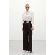 Sateen Toka Detaylı Bol Paça Pantolon Kahverengi