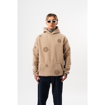 Respire Erkek Süzene Nakış Detaylı Kapüşonlu Oversize Polar Hoodie Bej