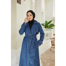 Neways 6458-Battal Allerli Denim Trençkot Koyu Mavi Mavi