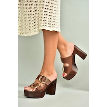 Fox Shoes U820376609 Kahverengi Kalın Topuklu Kadın Terlik Kahverengi-suni Deri